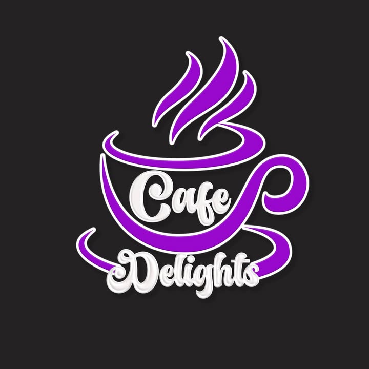 Cafe Delights logo: a purple steaming coffee cup with the name in white script on a dark background