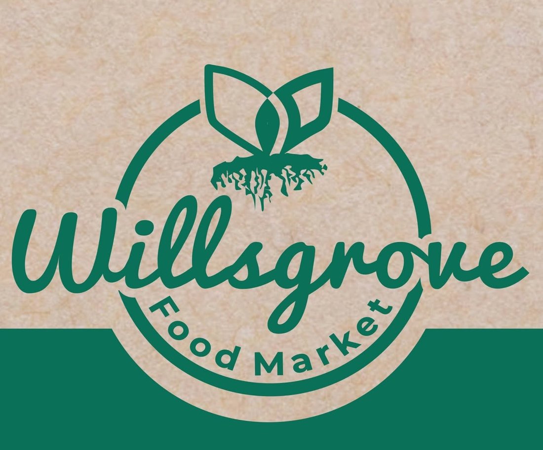Willsgrove Food Market logo: the name in green script inside a circle with a two-leaf sprout, on kraft paper