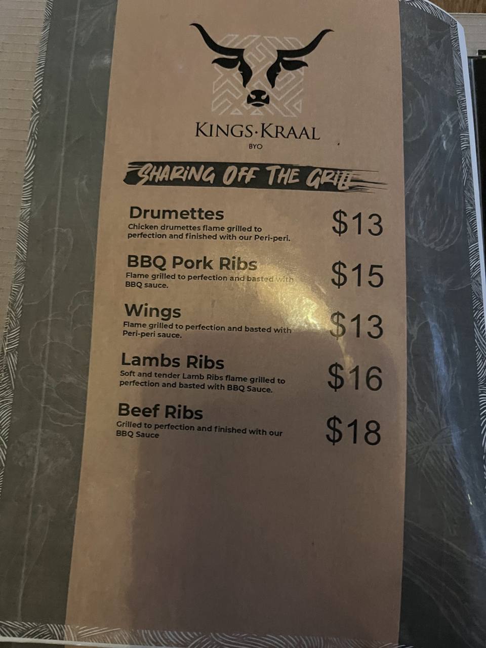 King's Kraal menu