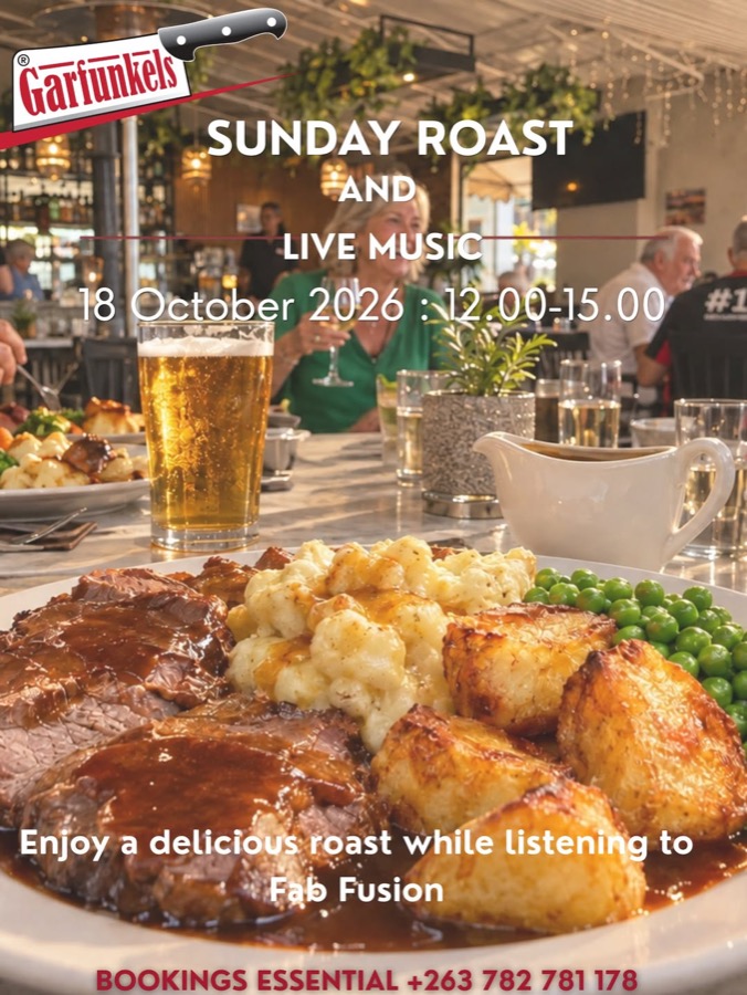 Sunday roast and live music flyer, Garfunkels on Rolfe